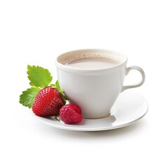 White teacup filled with light-brown liquid, beside fresh strawberries and raspberries on a saucer
