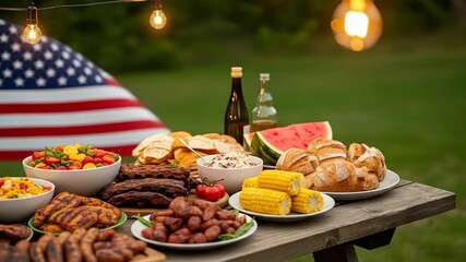 Celebrate summer with a delicious outdoor barbecue feast, featuring grilled ribs, corn, and watermelon under festive string lights.