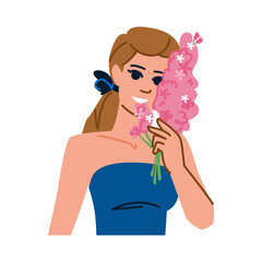 Beautiful woman holding pink flowers and smiling