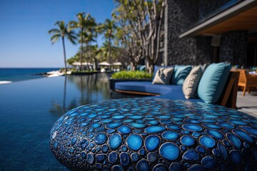 Oceanfront poolside lounge,  blue mosaic