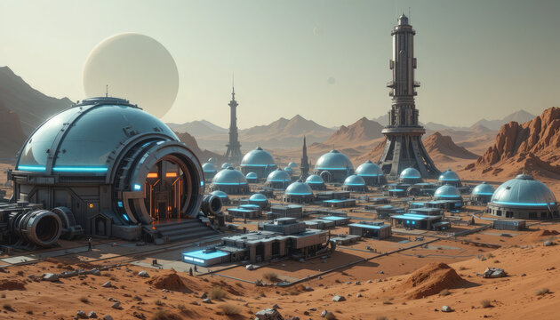 Spectacular martian colony with futuristic architecture and desert landscape, perfect for science fiction book covers or space exploration themed designs, futuristic cityscapes