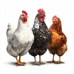 Three Beautiful Chickens in a Row , isolated on white background png