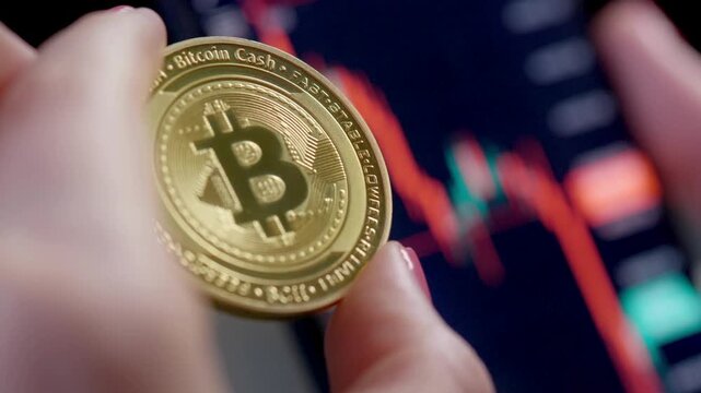 Close-up of a golden Bitcoin Cash coin held in hand, showing market fluctuations,  crypto trading.