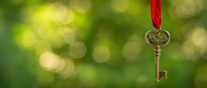 The vintage key hanging from a red ribbon against a soft green bokeh backdrop