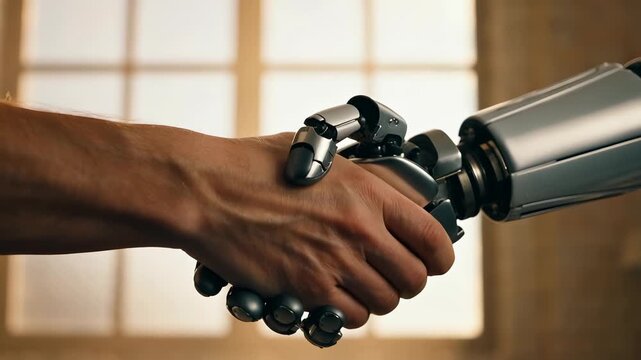 Human and Robotic Handshake Symbolizing Unity and Collaboration