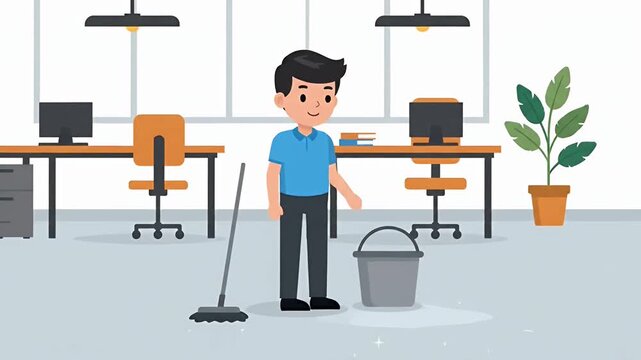 Office cleaning scene with a man sweeping the floor, using a mop and bucket to clean up the room, modern furniture and minimalist design with cartoon style vector illustration.