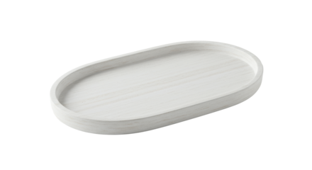 Pristine, oval-shaped, whitewashed wooden tray, isolated against a seamless transparent background, prominent left negative space, top-down shot, concept of versatility and purity
