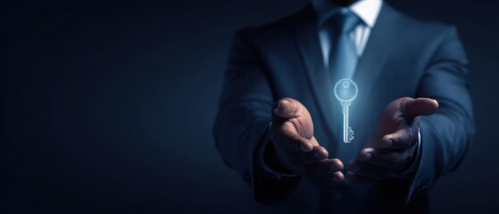 The Key Hologram Held by a Professional in Suit Representing Digital Security and Trust