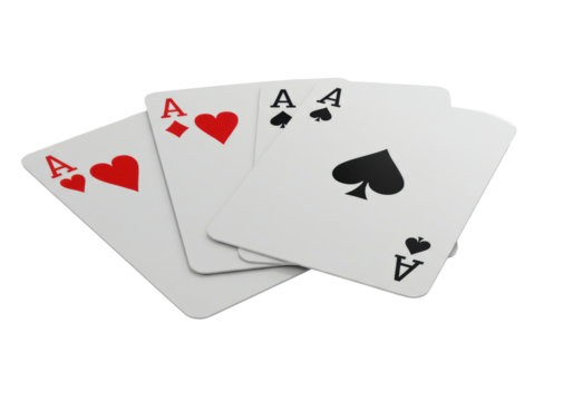 Four fanned ace playing cards (hearts, clubs, spades, diamonds) on a transparent background, soft studio light, concept of strategic excellence and achievement