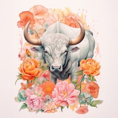 Vibrant watercolor illustration of a white bull surrounded by bright orange and pink flowers