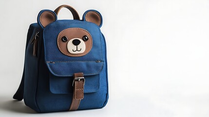 Blue bear-shaped backpack with brown accents and cute face