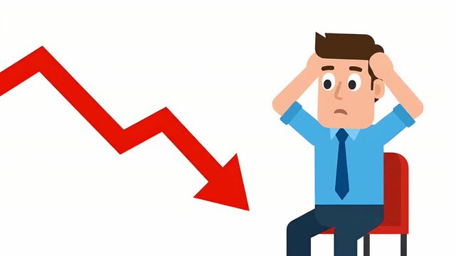 Cartoon businessman looking worried at a big red arrow pointing downwards, depicting loss, economic crisis, financial failure, or stock market crash on a white background.
