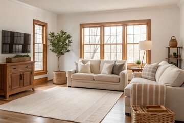 Bright Living Room with Beige Sectional Sofa and Cream Rug