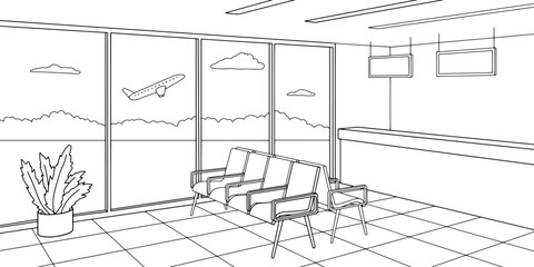Airport interior graphic black white sketch illustration vector 