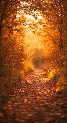 Pathway to autumn splendor a breathtaking vista of golden foliage and fallen leaves guiding through a sun-dappled forest trail, evoking warmth and tranquility