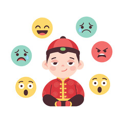 Naklejka premium Modern flat vector of a relaxed Chinese boy cartoon with emoticons—happy, sad, angry, surprised. Perfect asset for apps, web, and creative design projects.