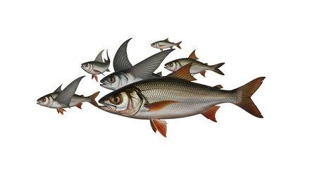 Surreal concept of fish flying in the air on a white background.
