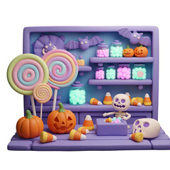 3D Claymation Halloween Candy Shop with Pastel Oversized Sweets and Decorations