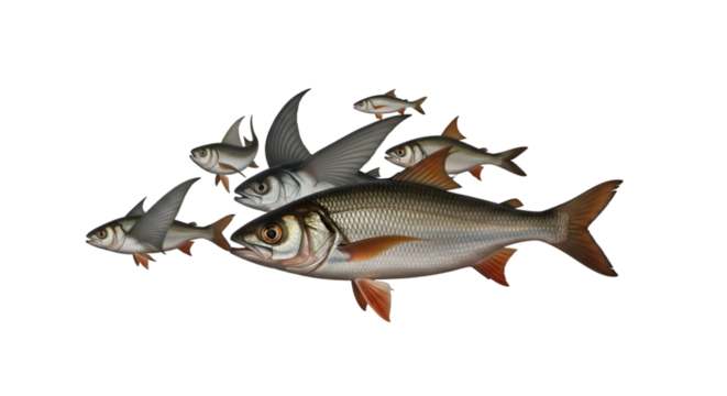 Surreal concept of fish flying in the air on a white background.