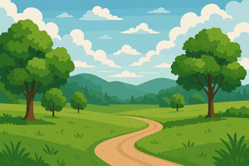 Obraz premium Vector landscape with green summer meadow, trees, and winding path. Rural countryside scenery with hills and blue sky. Cartoon nature background for travel or journey concept.