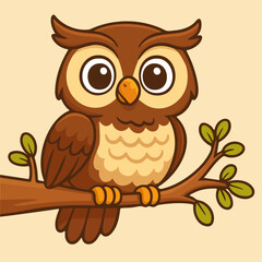 Cartoon Brown Owl Sitting on Branch
