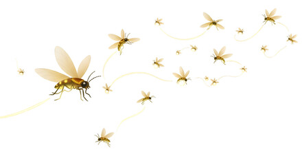 Glowing fireflies flying in air on a white background.