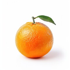 Single orange fruit, whole,  with a green leaf on stem, isolated on white background