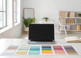 Modern Minimalist Workspace with Laptop and Color Swatches