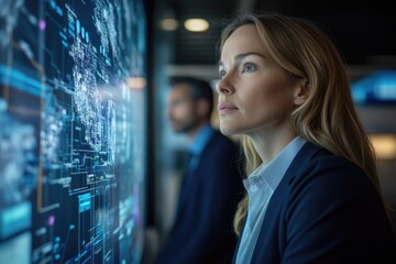A businesswoman and a colleague analyze complex data displayed on a large screen, strategizing and planning.