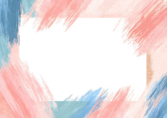 White background with light pink and turquoise brush strokes in flat design style, minimalist simple shapes and cute aesthetic with empty rectangle center for modern abstract concept.