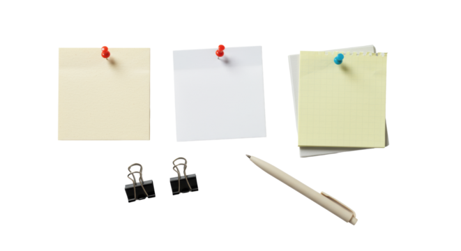 Overhead flat lay of blank paper notes (beige, white, yellow, grey), black paper clips, pen on transparent background with copy space. Concept of productivity