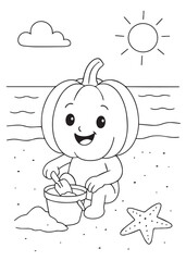 coloring book  pumpkin making sandcastles on the beach.