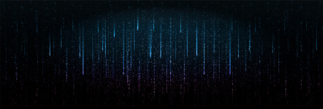 Glowing Binary Code Rain In Blue And Purple Gradient On Dark Background. Tech Matrix Style Design For Cyber, Data, And Digital Futuristic Concepts. Vector Illustration