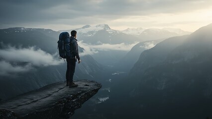 Hiker stands on a cliff edge overlooking a vast mountain valley at sunrise