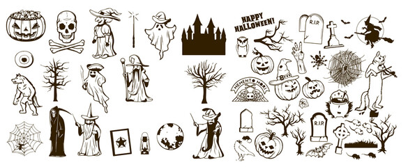 Halloween concept icon set. Hand drawn design elements in sketch style for holiday flyer, greeting card or web banner