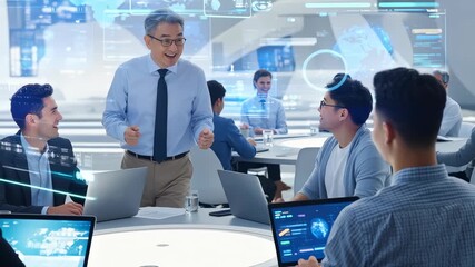 Asian Male Leader Presenting to Diverse Business Team in High-Tech Office - Powered by Adobe