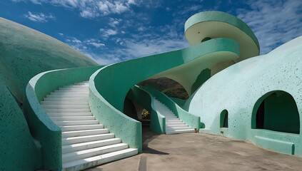 Unique teal architectural structure with curved staircase and dome buildings