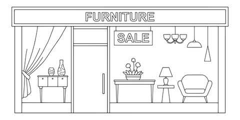 Fototapeta premium Furniture store building shop exterior graphic black white sketch illustration vector