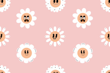 Groovy daisies, seamless pattern in retro style. Funny floral faces, endless background. Cute happy funky flowers.