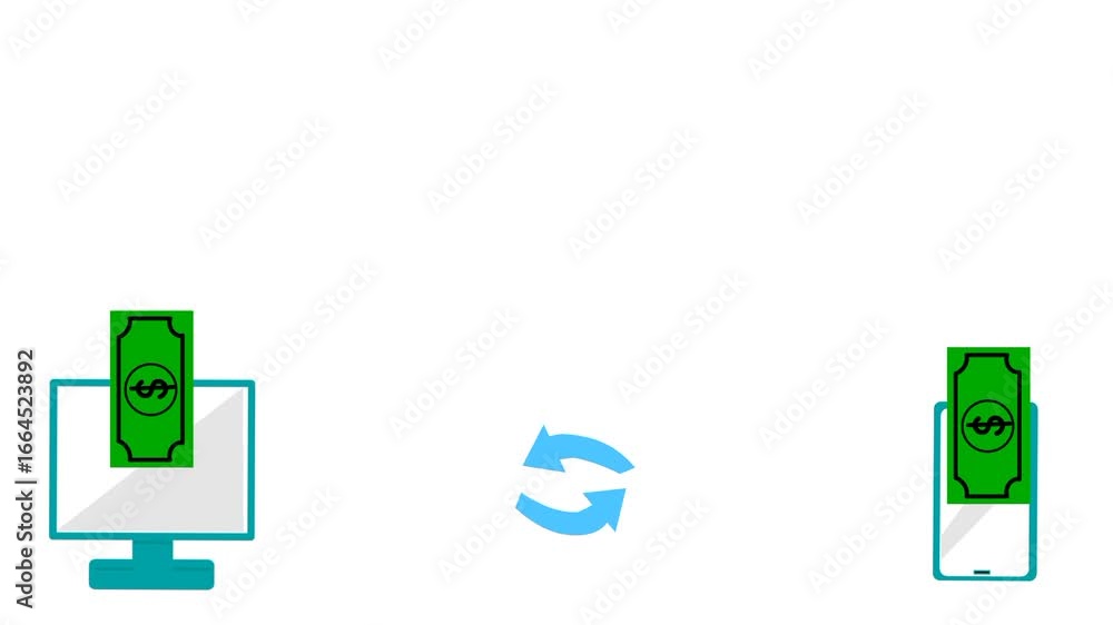 Poster modern digital payment animation with copy space. money icons flowing from computer and smartphone. 