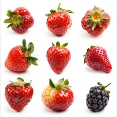 Nine fresh strawberries and a blackberry, isolated on white