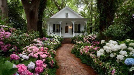 Fototapeta premium Beautiful photograph of a pristine white cottage-style house with a welcoming front porch, surrounded by a lush garden filled with blooming pink, blue, and white hydrangeas.