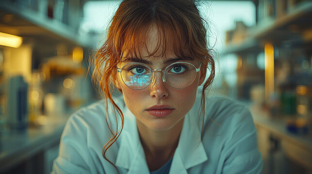 In a sleek, white laboratory, a scientist, cloaked in lab coat, meticulously examines a vibrant blue liquid in a beaker under a magnifying glass, the air thick with the hum of scientific equipment 