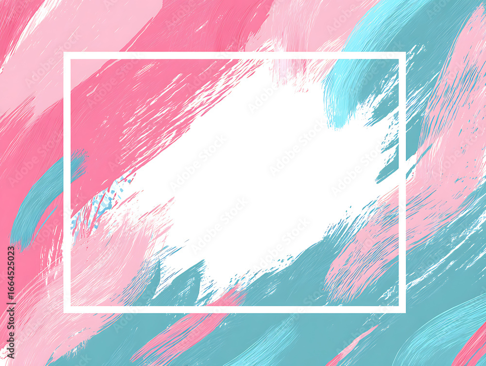 Poster white background with light pink and turquoise brush strokes in flat design style, minimalist simple