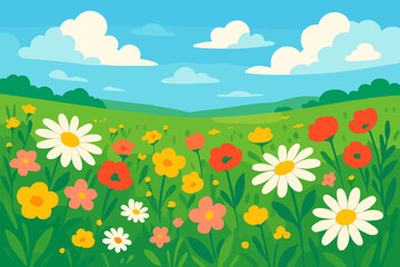 Fototapeta premium Vibrant spring flower field landscape with blooming daisies and poppies. Scenic summer meadow with green grass and blue sky with clouds. Cartoon vector nature background illustration.