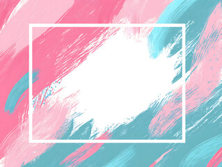 White background with light pink and turquoise brush strokes in flat design style, minimalist simple shapes and cute aesthetic with empty rectangle center for modern abstract concept.