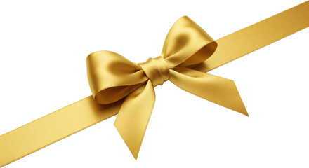 Fototapeta premium Pristine golden satin ribbon tied in a perfect, shiny bow, horizontally extending, off-center on a brilliant white studio background with soft lighting, concept of luxury and celebration