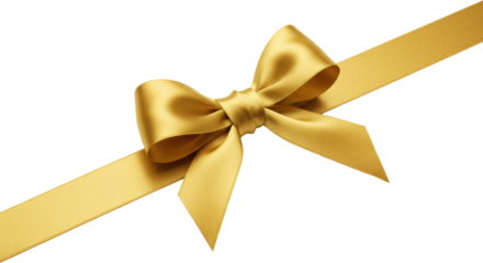 Pristine golden satin ribbon tied in a perfect, shiny bow, horizontally extending, off-center on a brilliant white studio background with soft lighting, concept of luxury and celebration