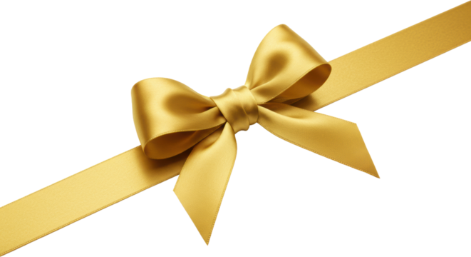 Pristine golden satin ribbon tied in a perfect, shiny bow, horizontally extending, off-center on a brilliant white studio background with soft lighting, concept of luxury and celebration