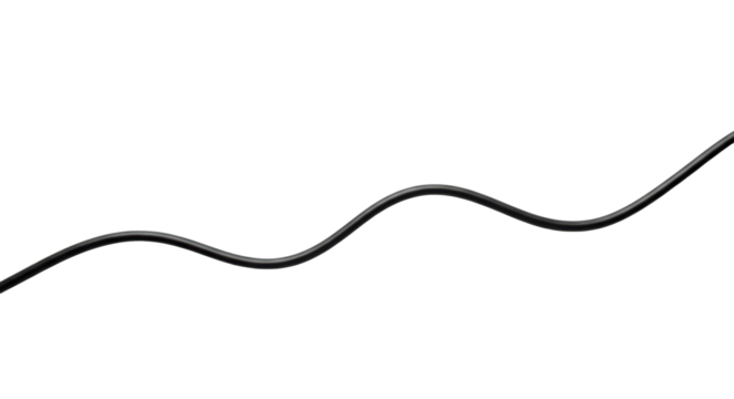 A new black electrical cable elegantly curving in an S-shape on an unblemished transparent background, top-down perspective, soft high-key lighting, no shadows. Concept of precise technology